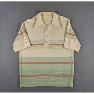 Vintage Donegal Knit Polo Shirt Mens Large Striped 70s Dagger Collar Mod Disco